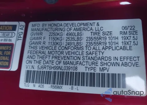2022 Honda Cr-V Hybrid Touring z USA, uszkodzony, nr VIN 5J6RT6H99NL039108